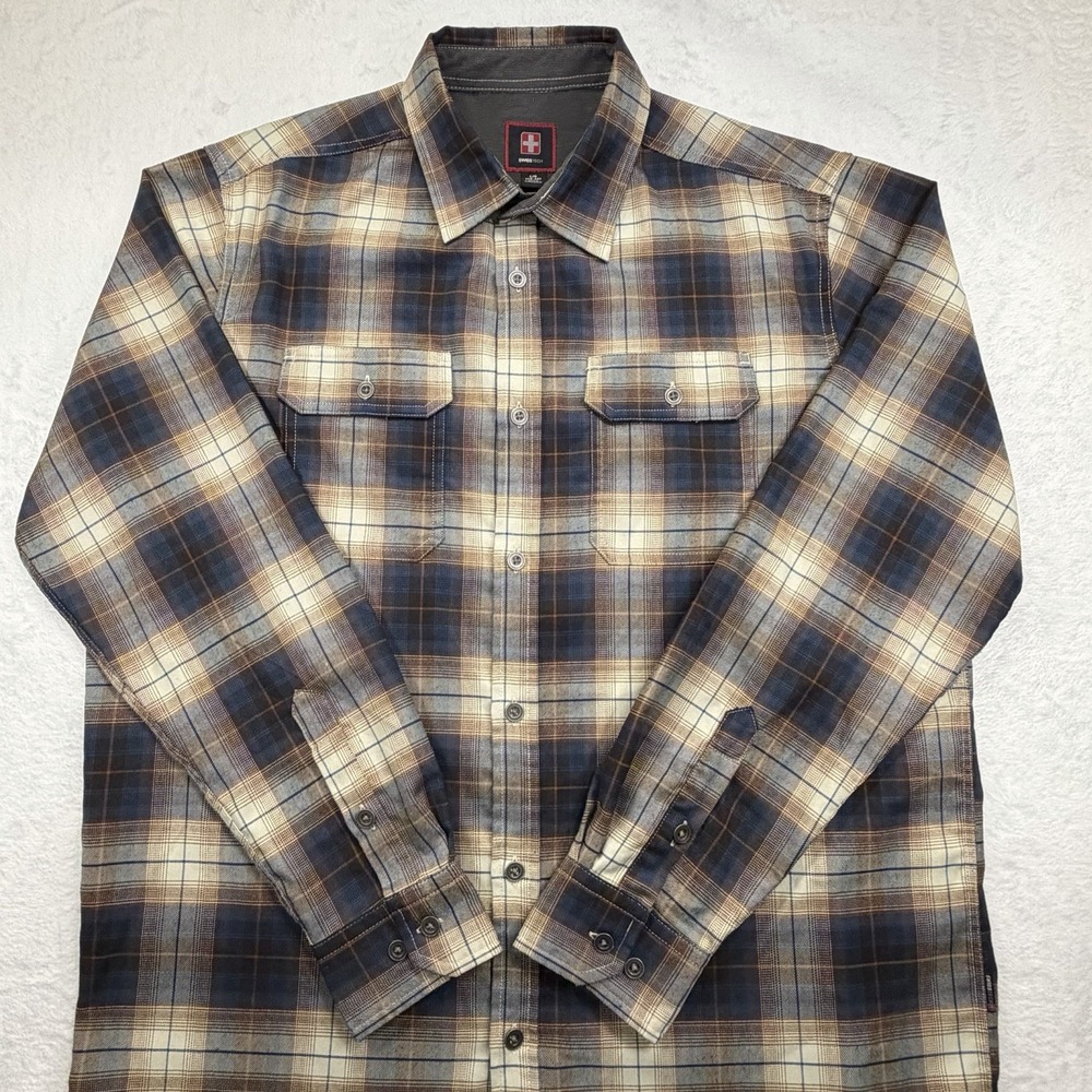 Swiss Tech Button-Down Shirt Flannel Men Large Granola Hiking Fishing Grunge Y2K